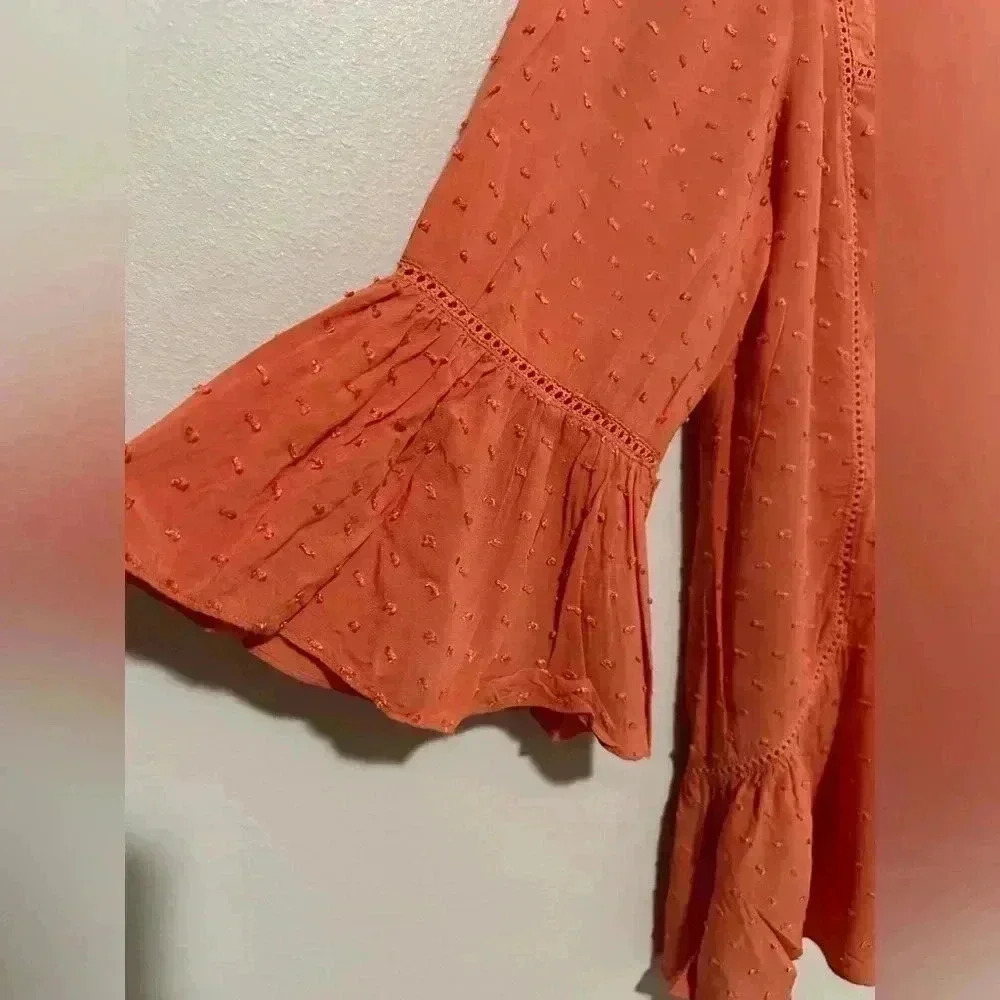 Sundance Susannah Blouse Size XS Orange/Coral Ruffle Swiss Dot Eyelet - Picture 3 of 9